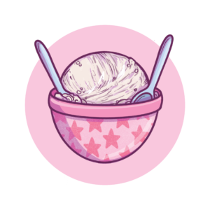 Illustration: A scoop of vanilla ice cream and two simple blue spoons nestled in a pink bowl with stars on it.