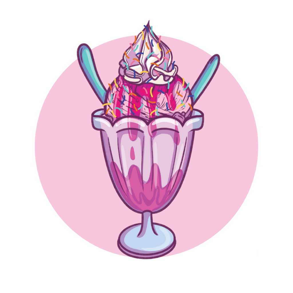 Illustration: a tall sundae glass of ice cream drizzled with pink topping, piled with whipped cream and topped with rainbow sprinkles, along with two blue spoons.