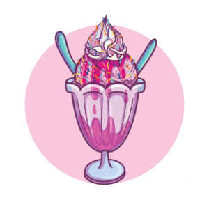 Illustration: a tall sundae glass of ice cream drizzled with pink topping, piled with whipped cream and topped with rainbow sprinkles, along with two blue spoons.