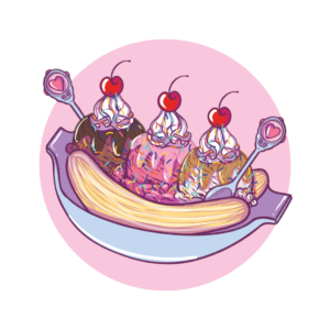 Illustration: a large dessert dish laden with bananas and 3 scoops of different flavours of ice cream, slathered in 3 different topping sauces, whipped cream, rainbow sprinkles, and a bright red cherry on top of each peak. Two spoons rest in the dish, with decorative hearts on the handles.